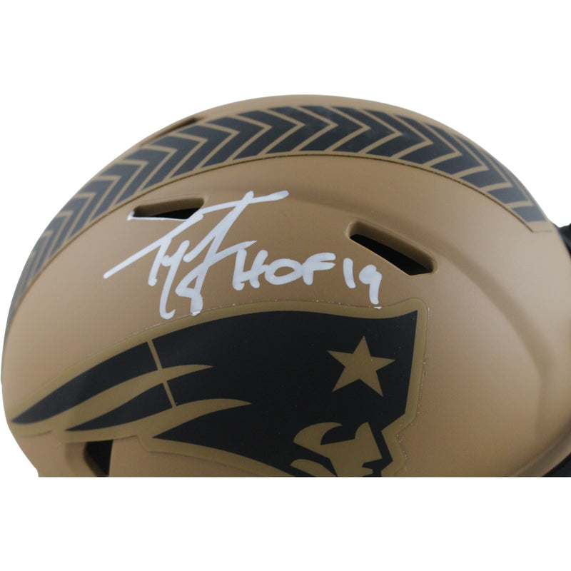 Ty Law New England Patriots Signed Salute to Service Mini Helmet (HOF Inscr)