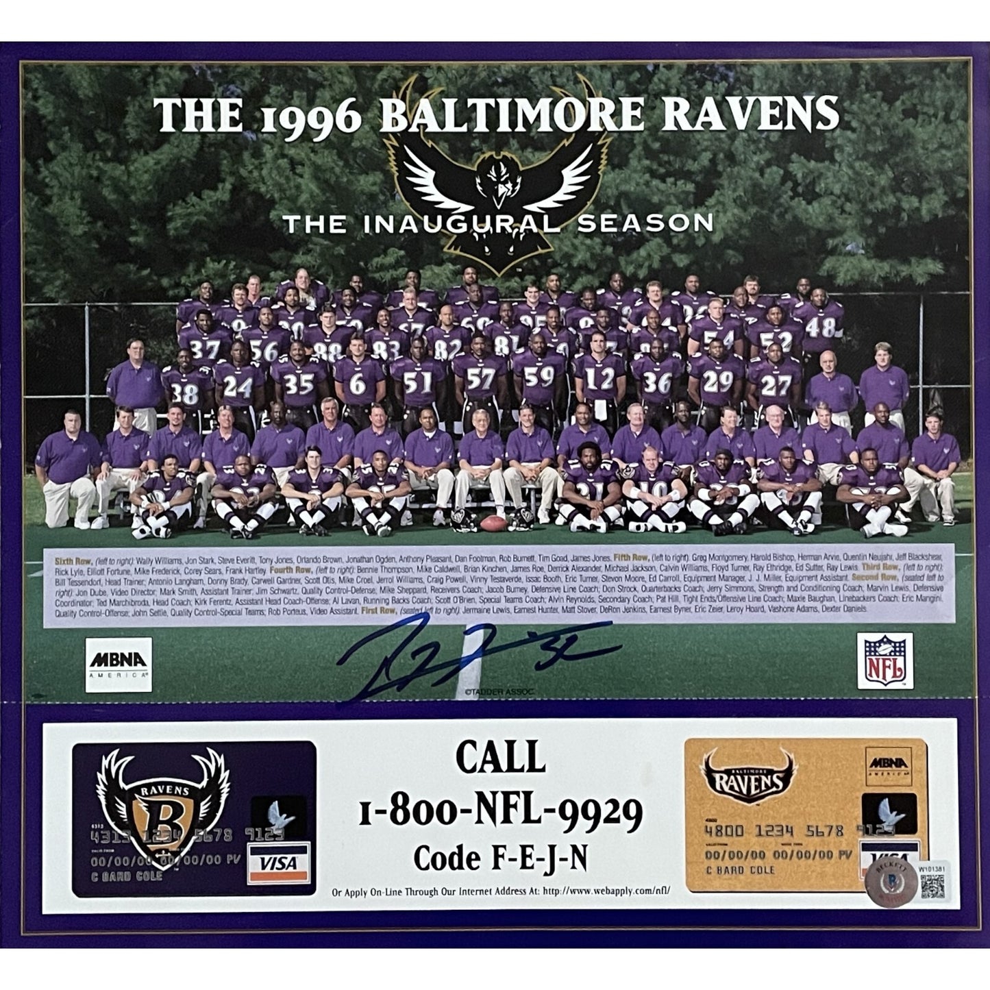 Ray Lewis Autographed Baltimore Ravens 1996 Team Roster (Beckett)
