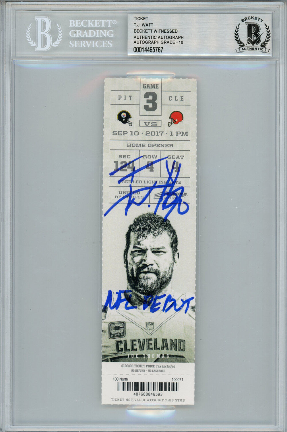 TJ Watt Autographed 2017 NFL Debut Ticket Stub (Beckett Slabbed)