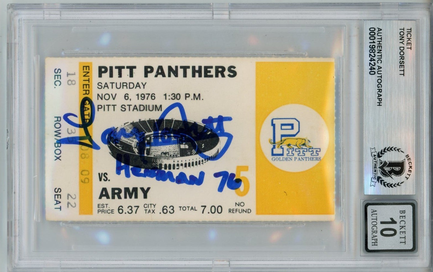 Tony Dorsett Signed Pittsburgh Panthers Slabbed Ticket - Heisman