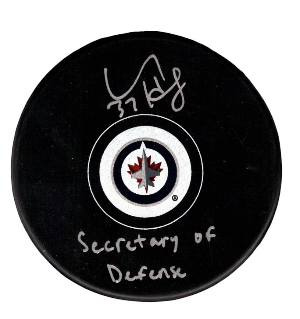Connor Hellebuyck Signed Winnipeg Jets Logo Puck - Secretary of Defense