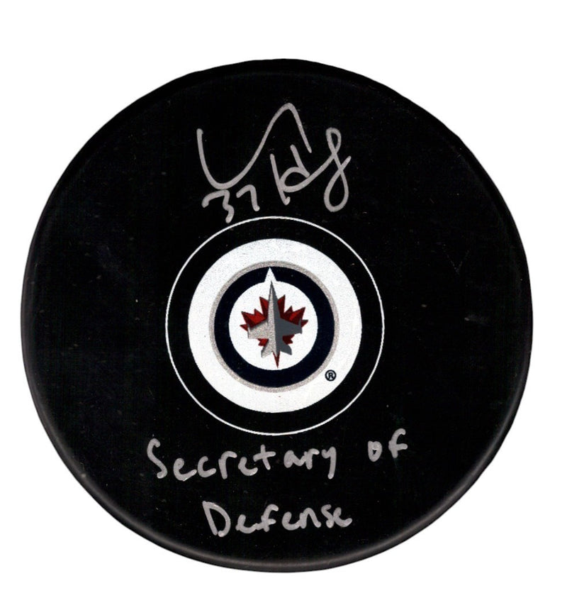 Connor Hellebuyck Signed Winnipeg Jets Logo Puck - Secretary of Defense