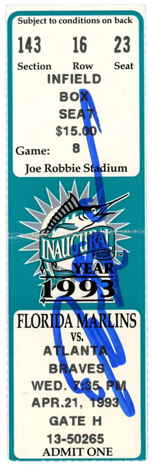 Deion Sanders Autographed Atlanta Braves 4/21/1993 Ticket Stub Beckett BAS