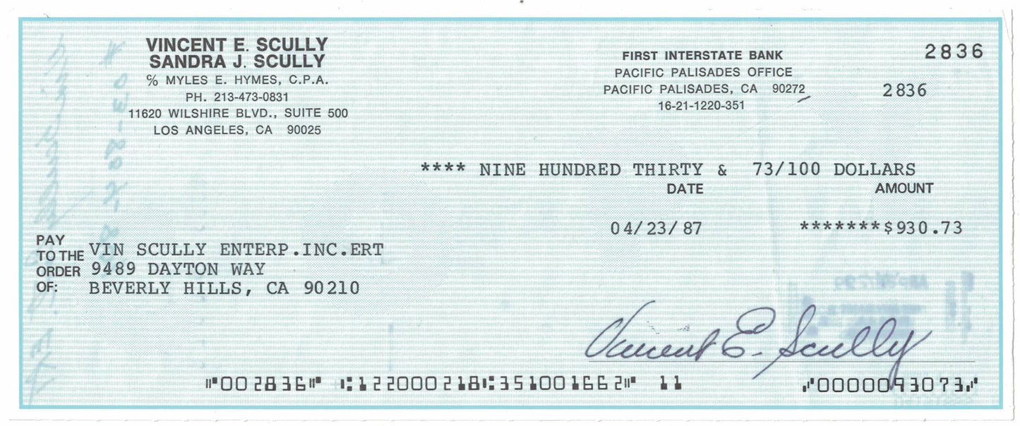 Vin Scully Signed 1987 First Interstate Bank Check