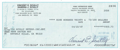 Vin Scully Signed 1987 First Interstate Bank Check