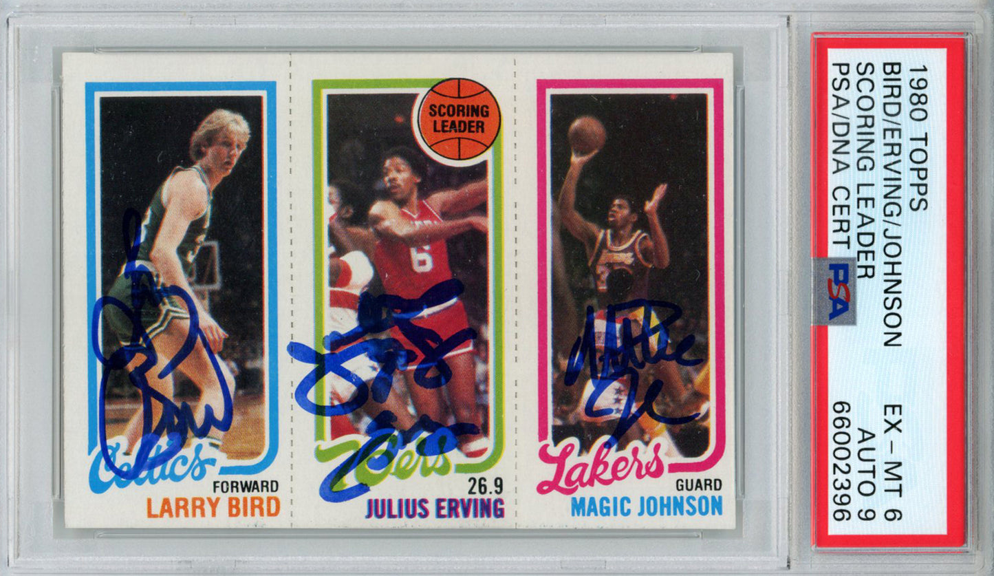 Larry Bird, Magic Johnson & Julius Erving Signed 1980 Topps Card PSA 6/9