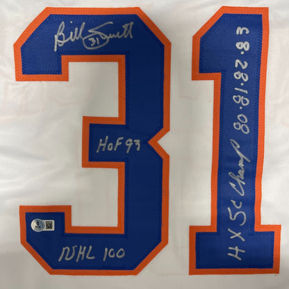 Billy Smith Signed New York Islanders Custom Hockey Jersey (3 Inscriptions)