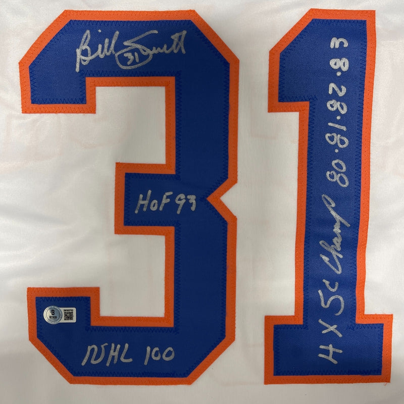 Billy Smith Signed New York Islanders Custom Hockey Jersey (3 Inscriptions)