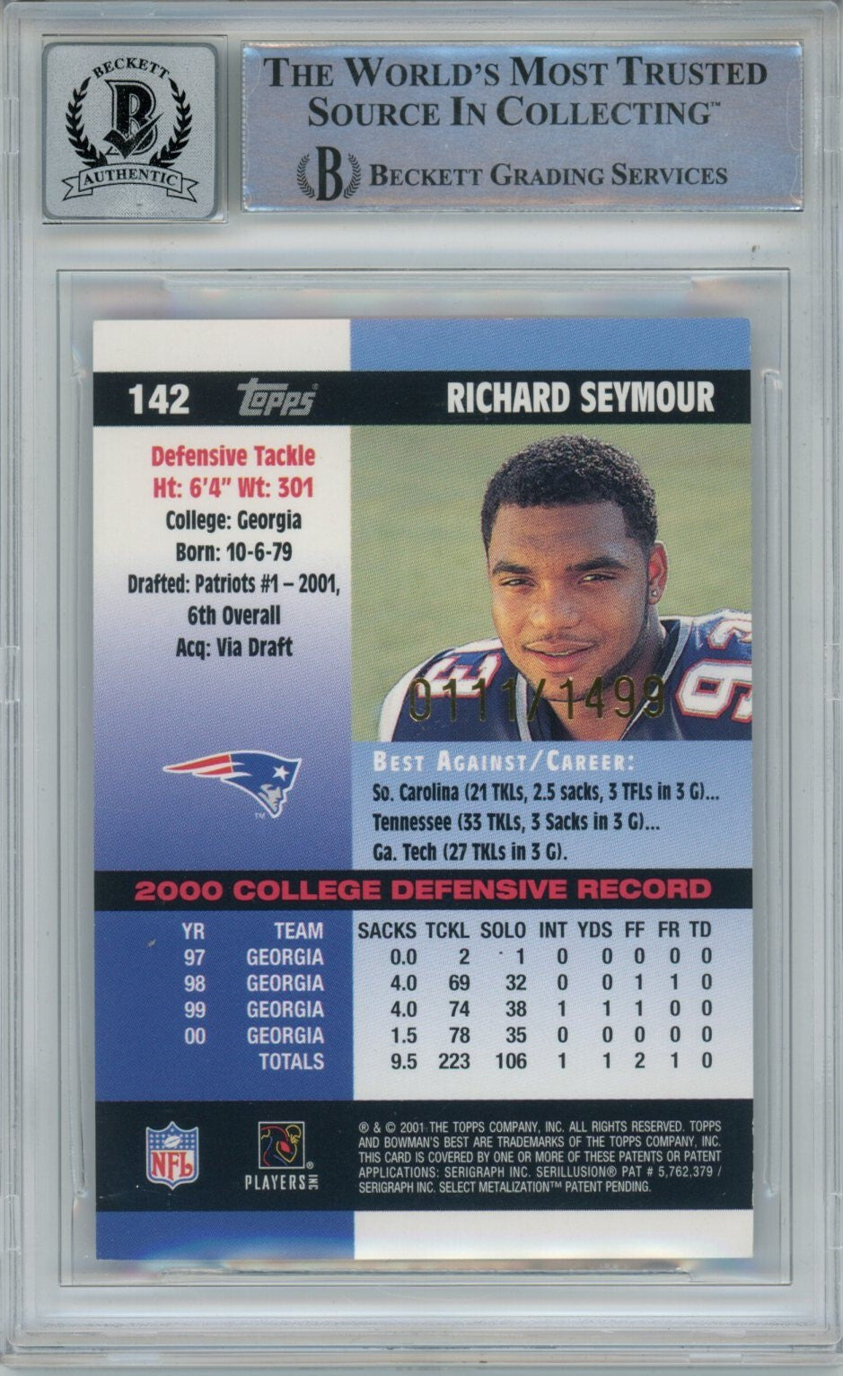 Richard Seymour Signed Patriots 2001 Bowman Card Beckett Auto 10