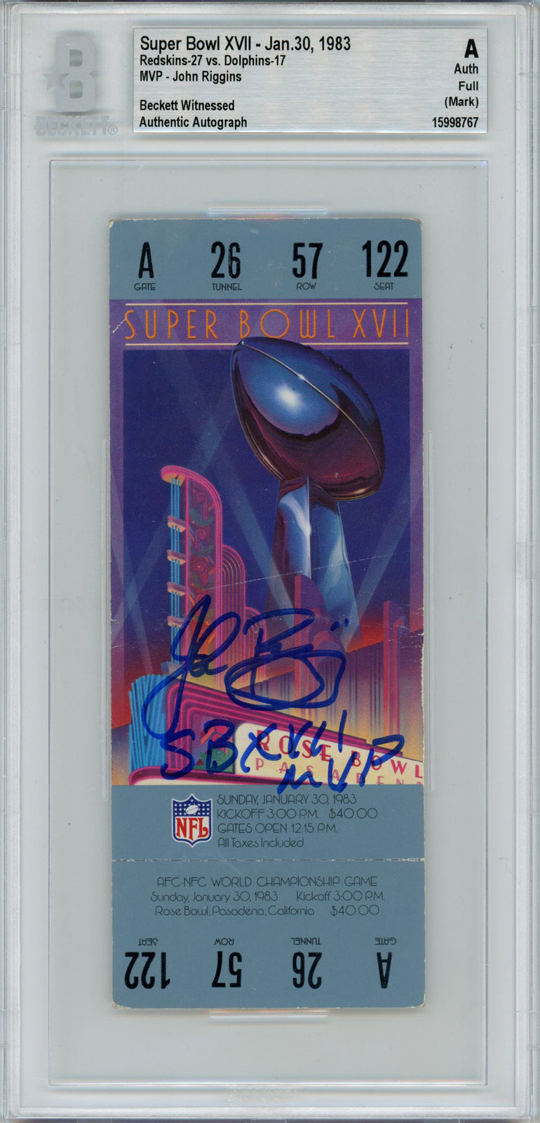 John Riggins Signed Super Bowl XVII Full Ticket SB MVP Inscription BAS Slab
