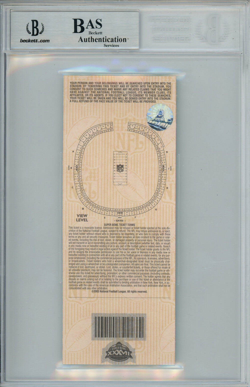 Dexter Jackson Signed Super Bowl XXXVII Full Ticket Stub MVP Beckett Slabbed