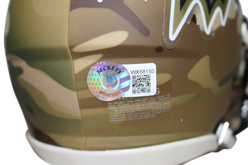 Ray Lewis Baltimore Ravens Autographed Camo Speed Mini Helmet Beckett