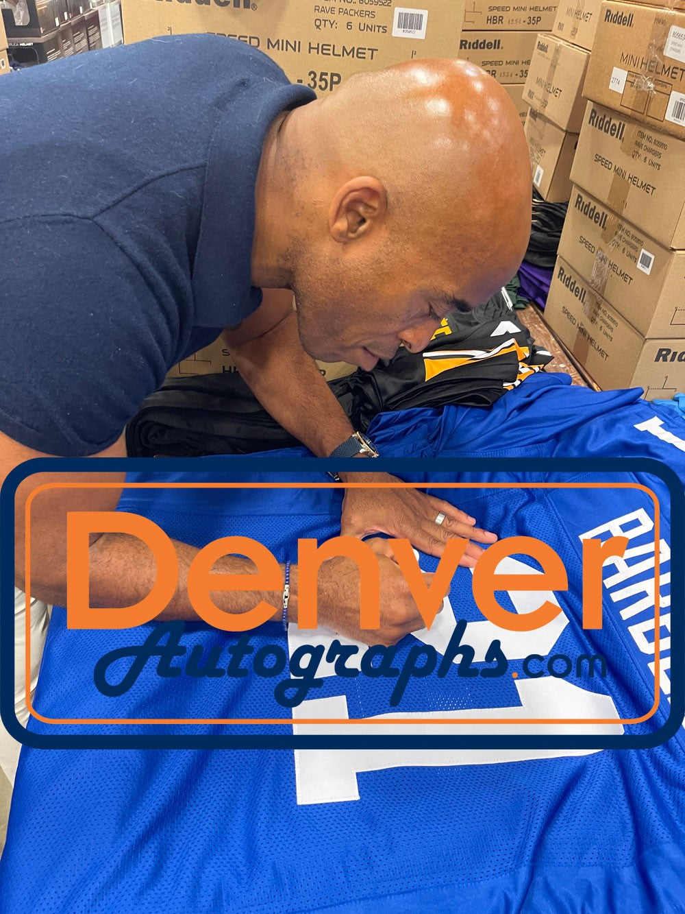 Tiki Barber Autographed Blue Pro Style Jersey (Beckett Witness)