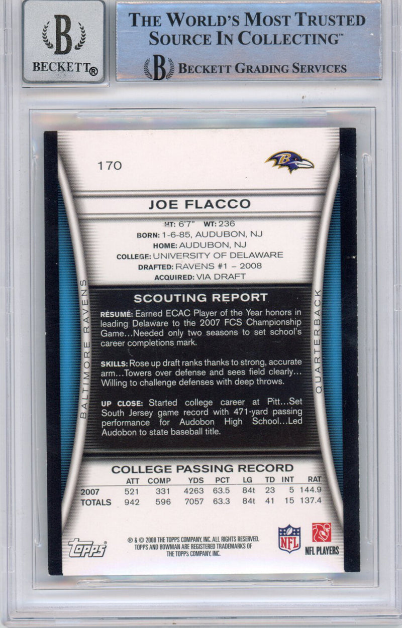 Joe Flacco Autographed 2008 Bowman #170 Trading Card - Beckett Grade 10