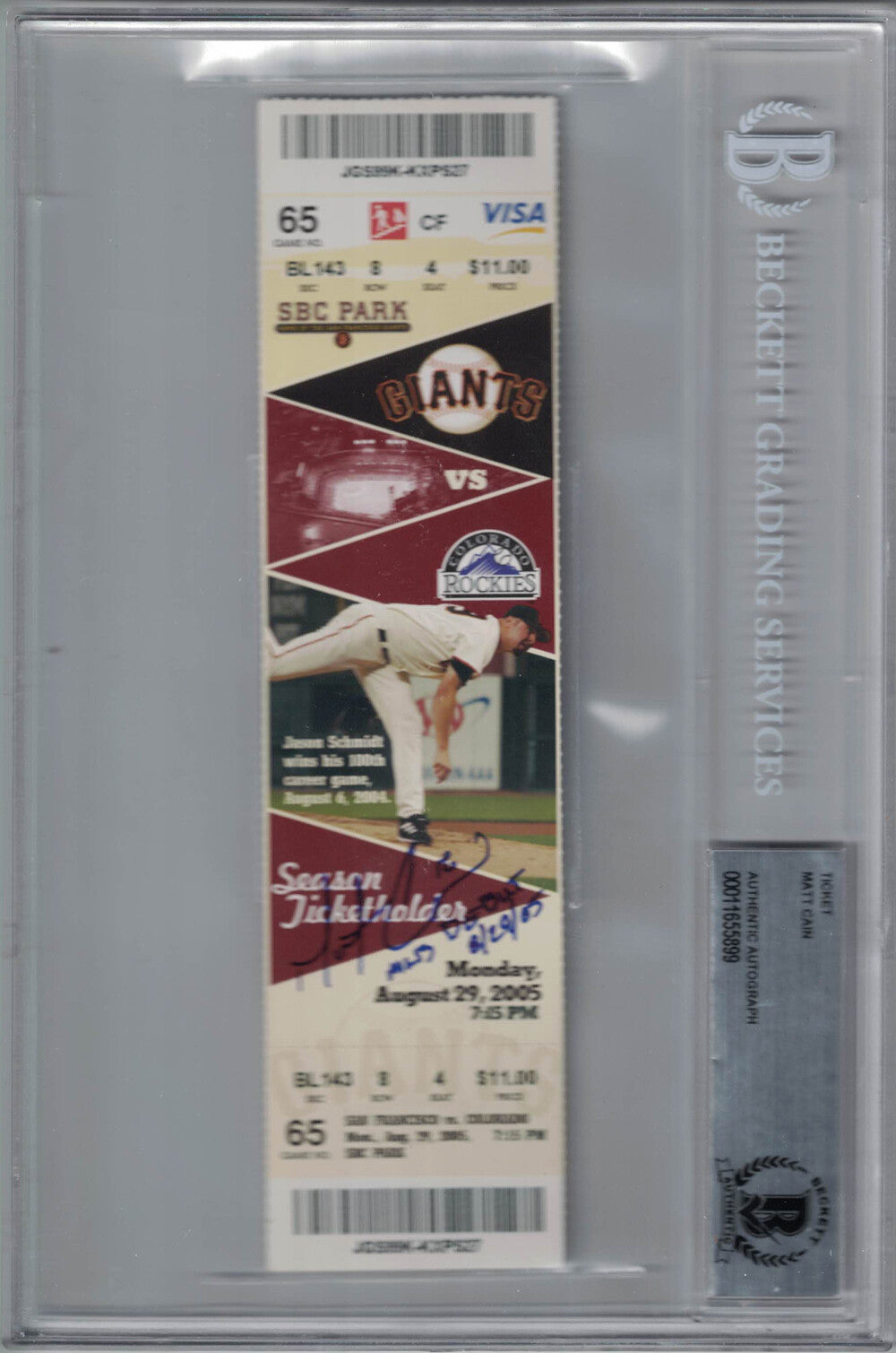 Matt Cain Autographed San Francisco Giants MLB Debut Ticket BAS Slabbed