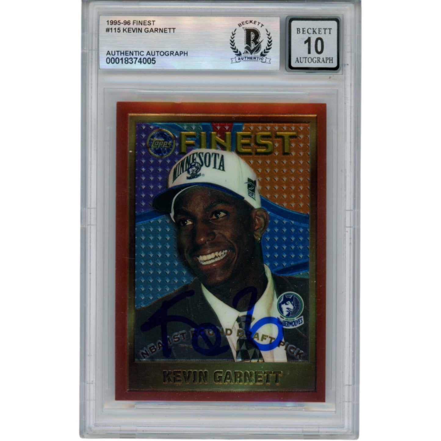 Kevin Garnett Autographed 1995-96 Topps Finest #115 Trading Card