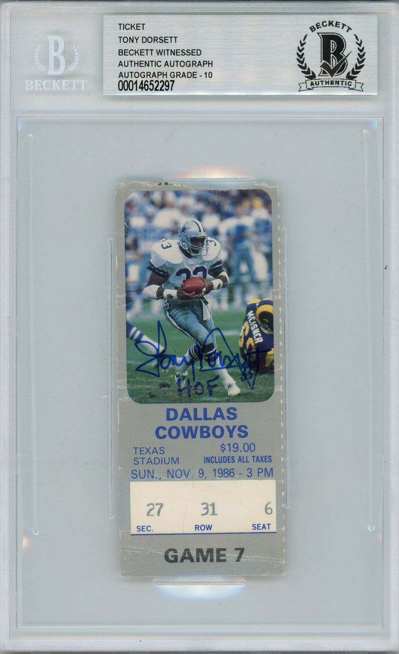 Tony Dorsett Autographed 11/9/1986 Dallas Cowboys Ticket Beckett Slabbed