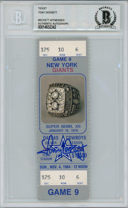 Tony Dorsett Autographed 11/4/1984 Cowboys vs Giants Full Ticket Beckett Slab
