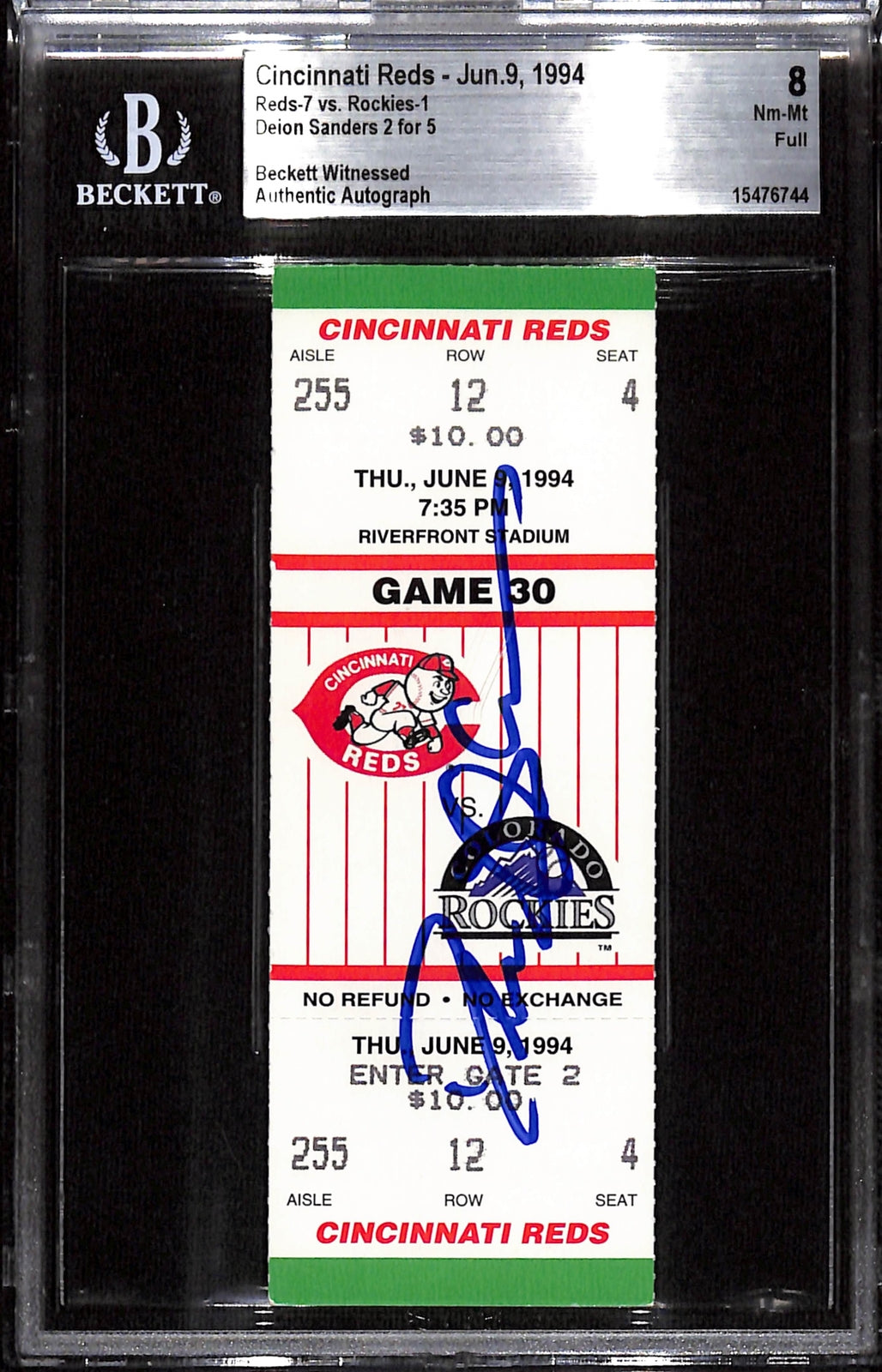 Deion Sanders Signed Cincinnati Reds 6/9/94 Ticket Stub - Beckett Slabbed 8
