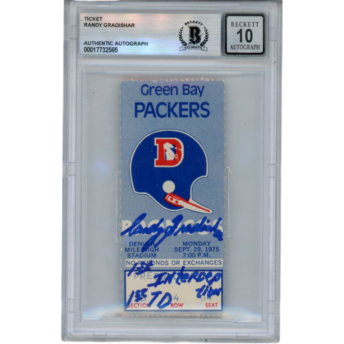 Randy Gradishar Signed Denver Broncos Ticket Stub "1st INT" Beckett Slab