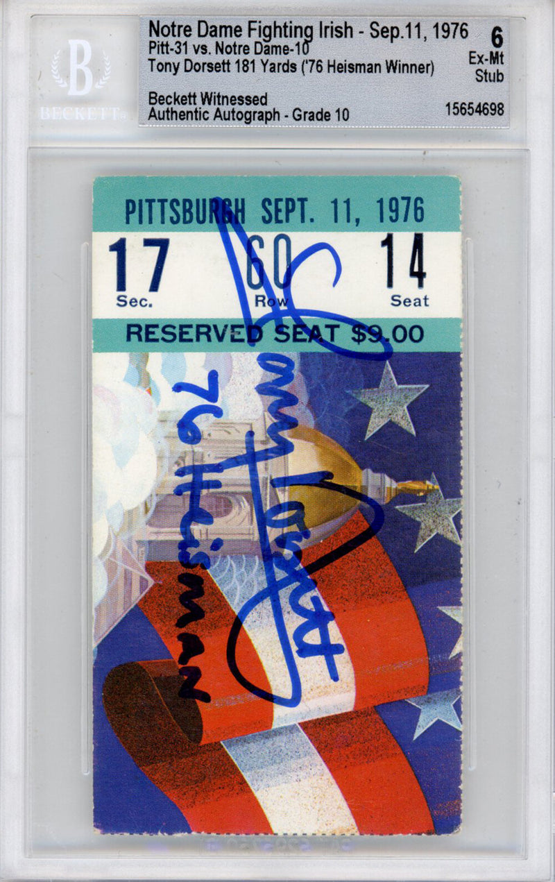Tony Dorsett Autographed Pitt Panthers Ticket Stub 9/11/76 BAS Slabbed