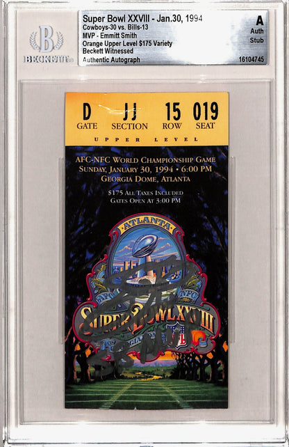 Emmitt Smith Signed Dallas Cowboys Super Bowl XXVIII Ticket Stub SB MVP Slab