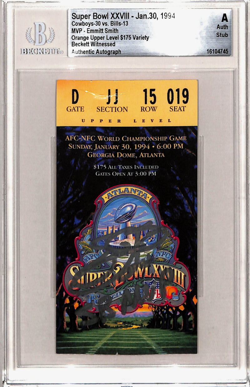 Emmitt Smith Signed Dallas Cowboys Super Bowl XXVIII Ticket Stub SB MVP Slab