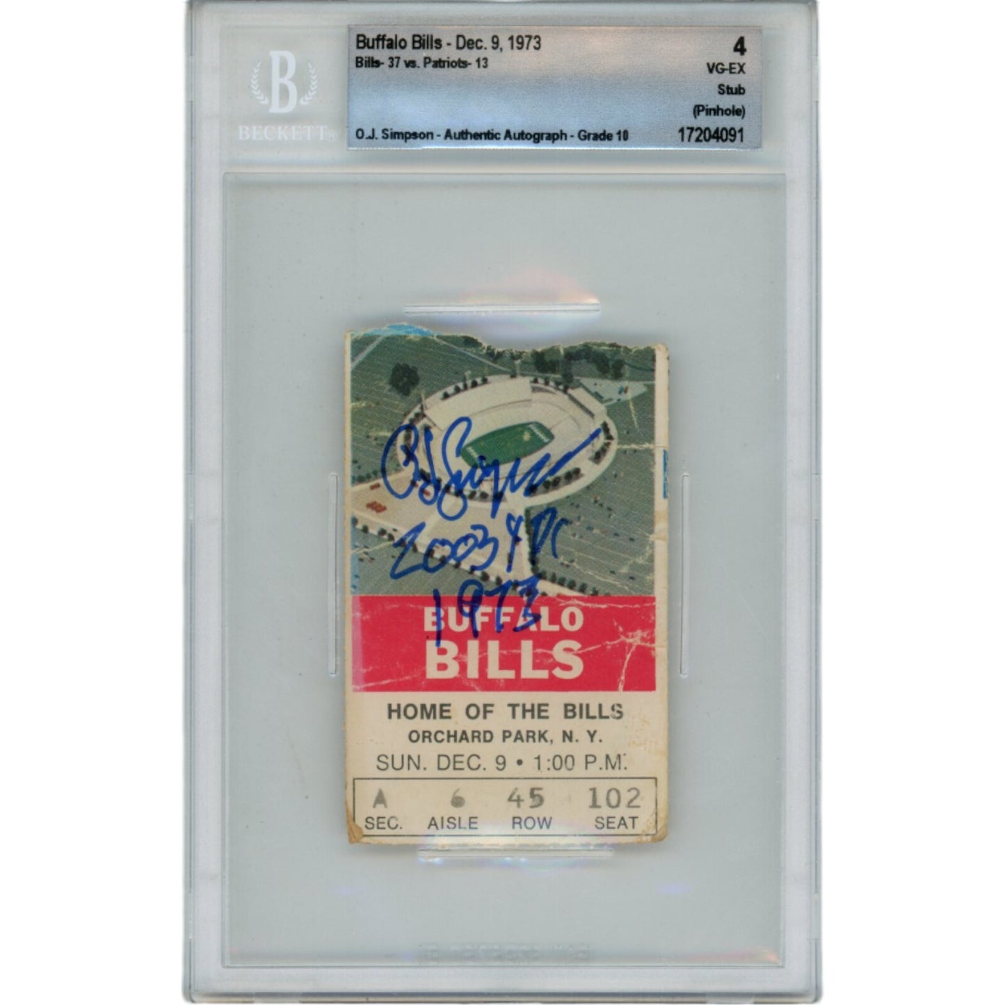 OJ Simpson Signed Buffalo Bills 12/09/73 Ticket Stub - 2003 Yds Inscription