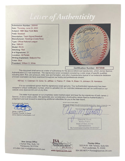1991 New York Mets Team Signed Autographed Baseball (JSA LOA)