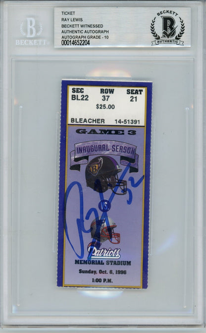 Ray Lewis Signed Baltimore Ravens Ticket Stub 10/6/96 vs Patriots BAS Slab