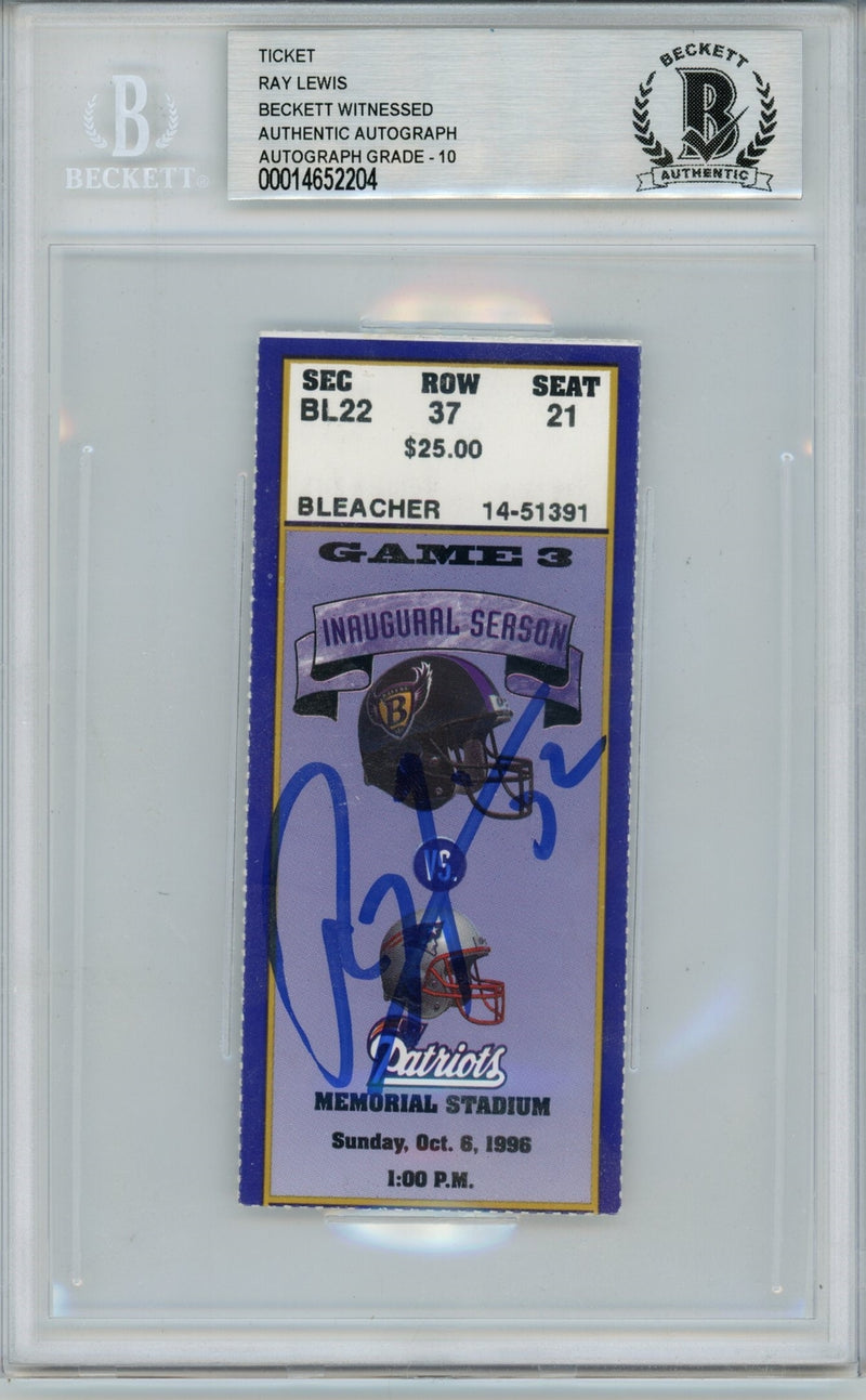 Ray Lewis Signed Baltimore Ravens Ticket Stub 10/6/96 vs Patriots BAS Slab