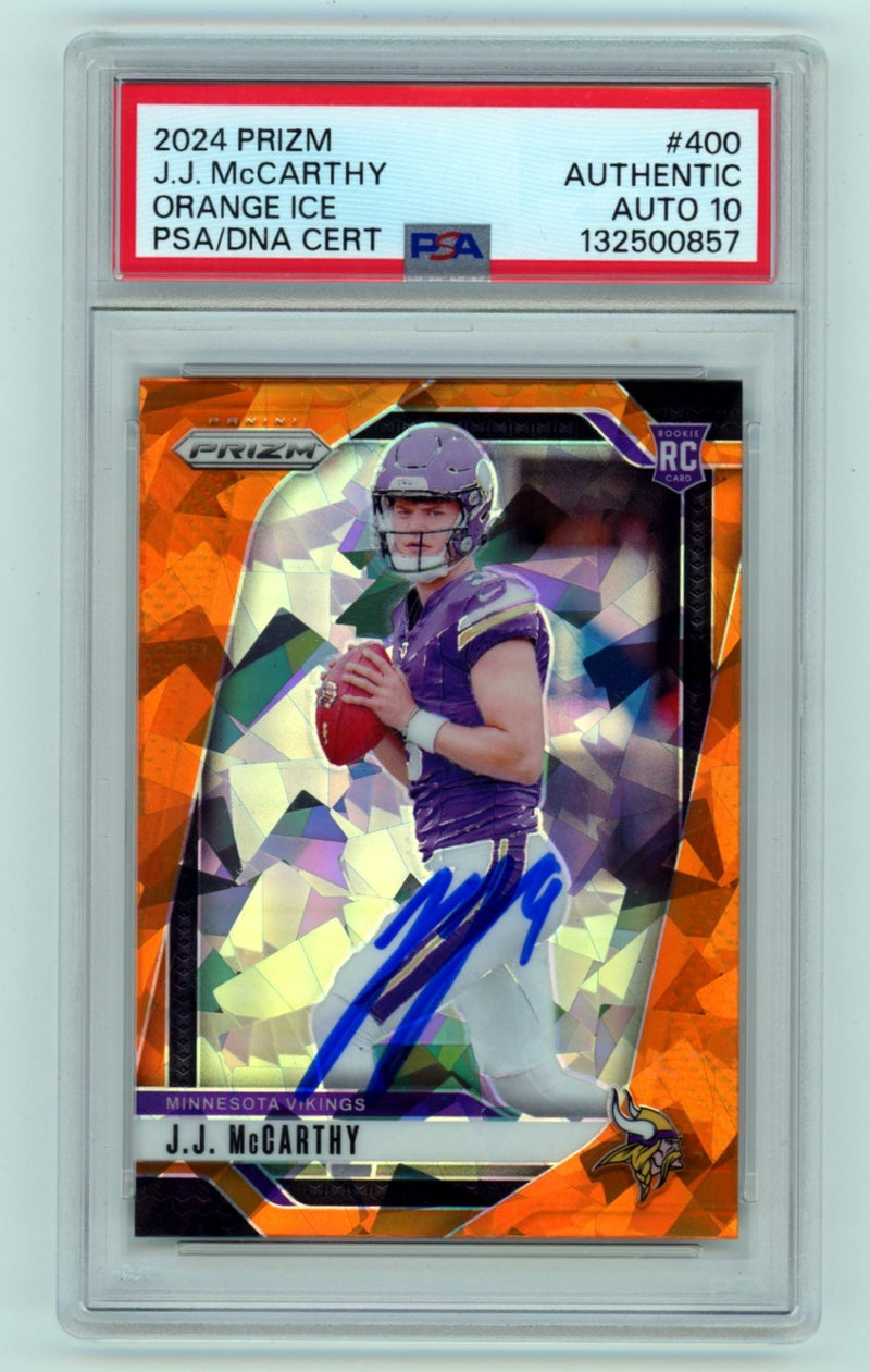J.J. McCarthy Autographed 2024 Panini Prizm Orange Cracked Ice RC PSA 10
