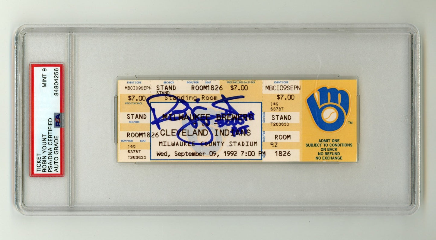 Robin Yount Signed Ticket - 3000th Hit Game 9/9/1992 PSA 9 Auto