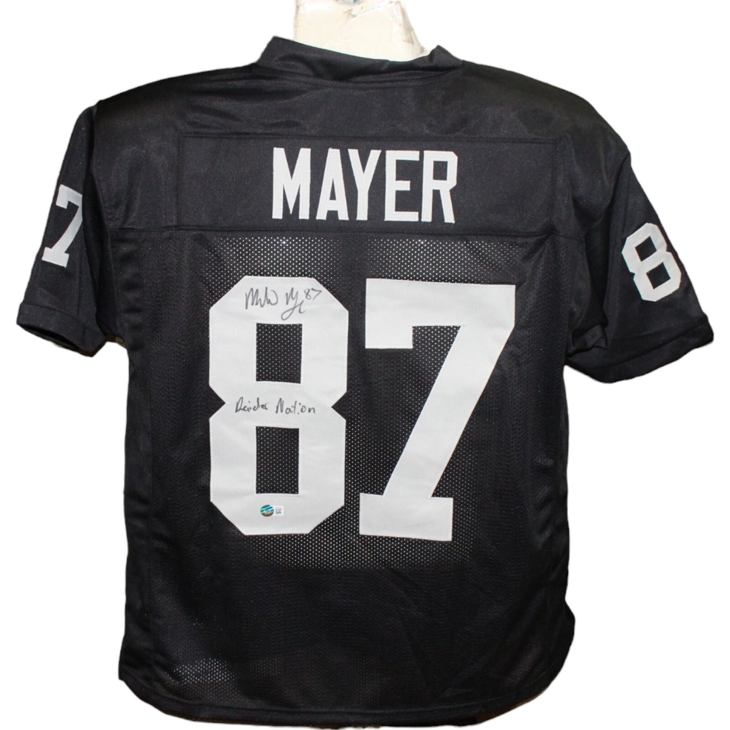 Michael Mayer Autographed Raiders Style Black Jersey "Raider Nation" BAS