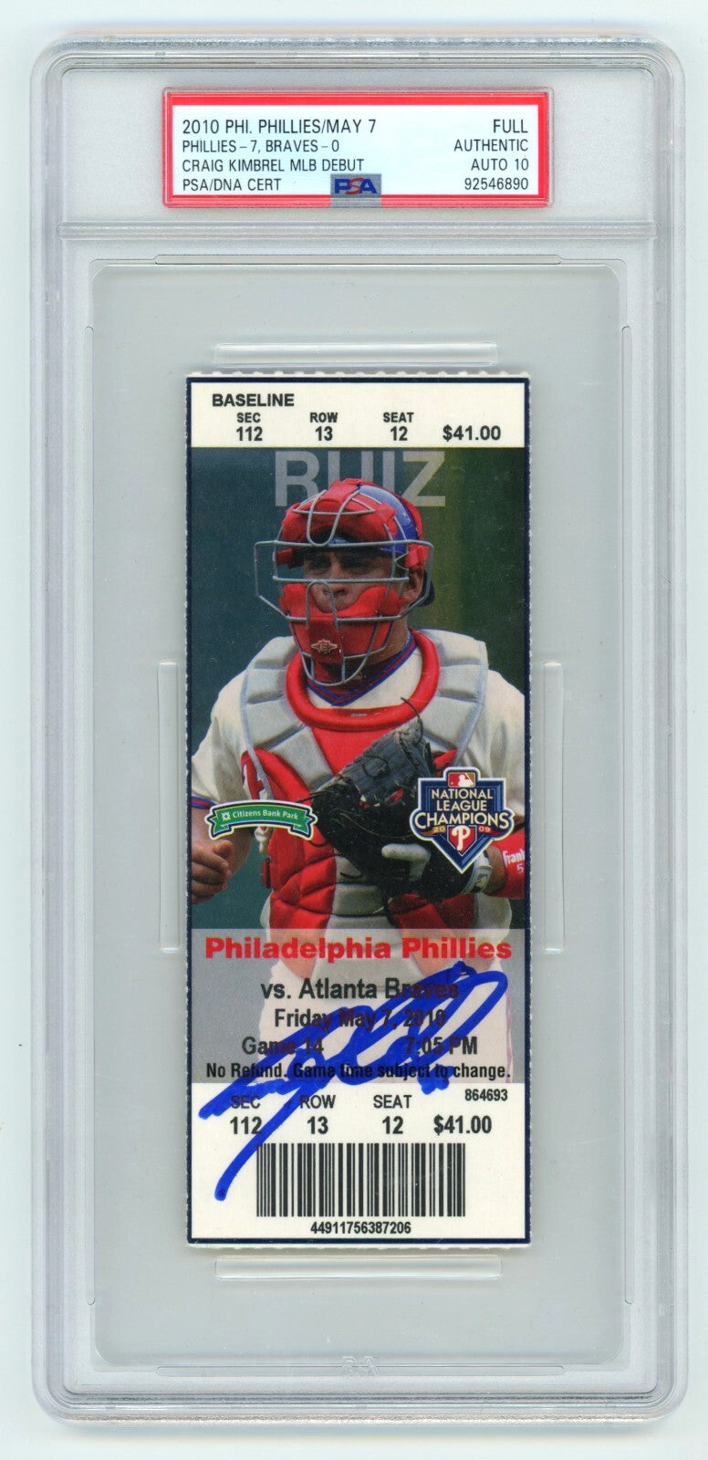 Craig Kimbrel Signed Atlanta Braves MLB Debut Season Ticket PSA 10 Auto