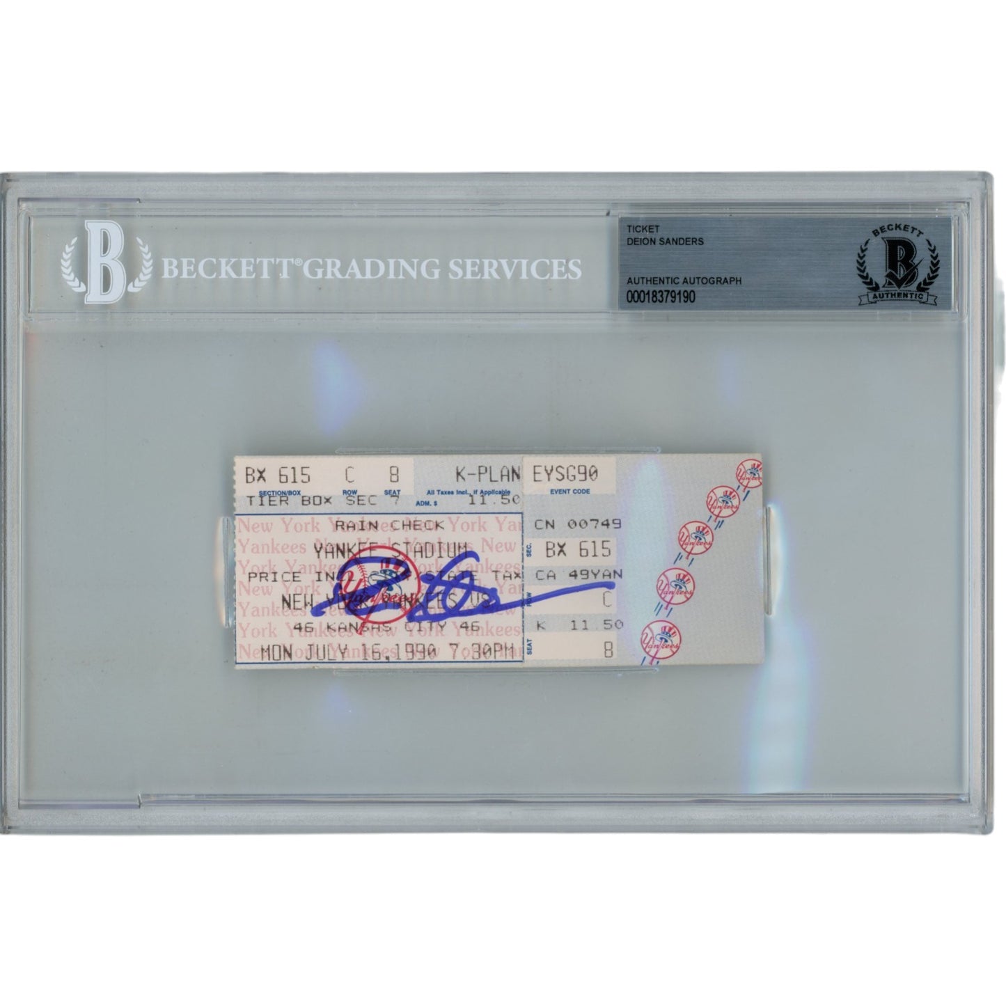 Deion Sanders Autographed 1990 New York Yankees Ticket Stub Beckett Slabbed