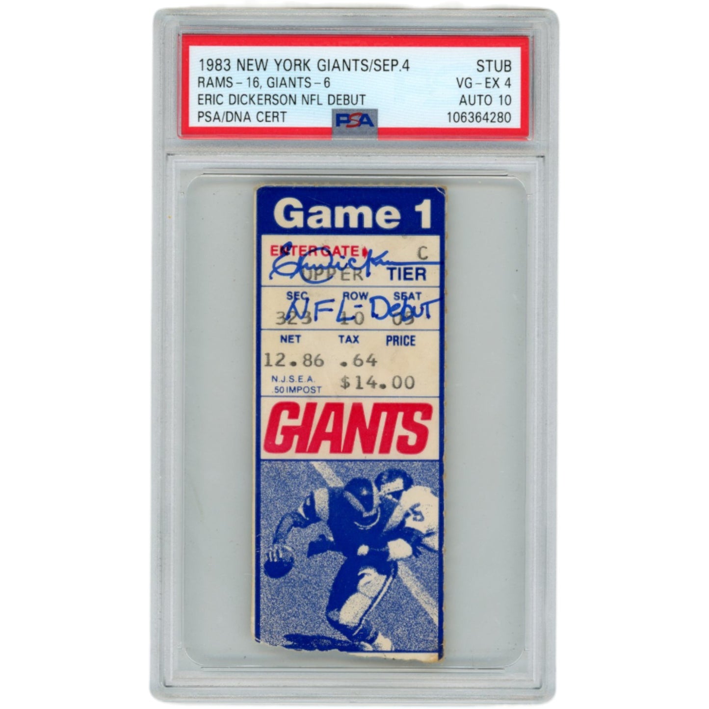 Eric Dickerson Autographed NFL Debut Slabbed Ticket Stub PSA