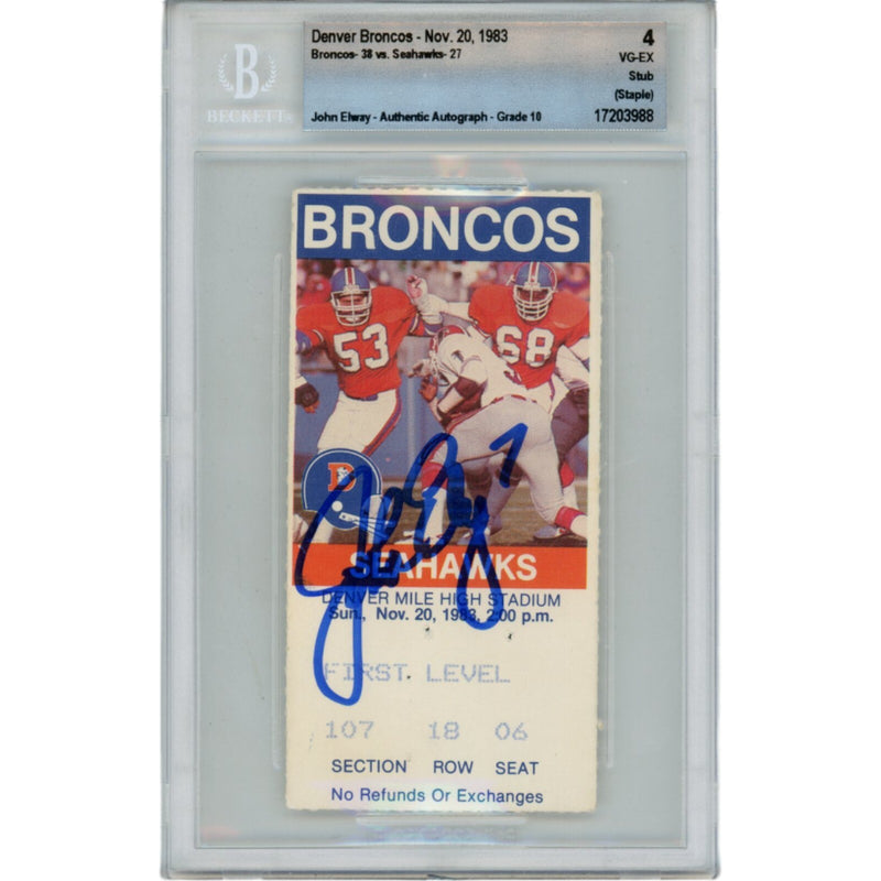 John Elway Signed Denver Broncos 11/20/1983 Ticket Stub BAS Slabbed