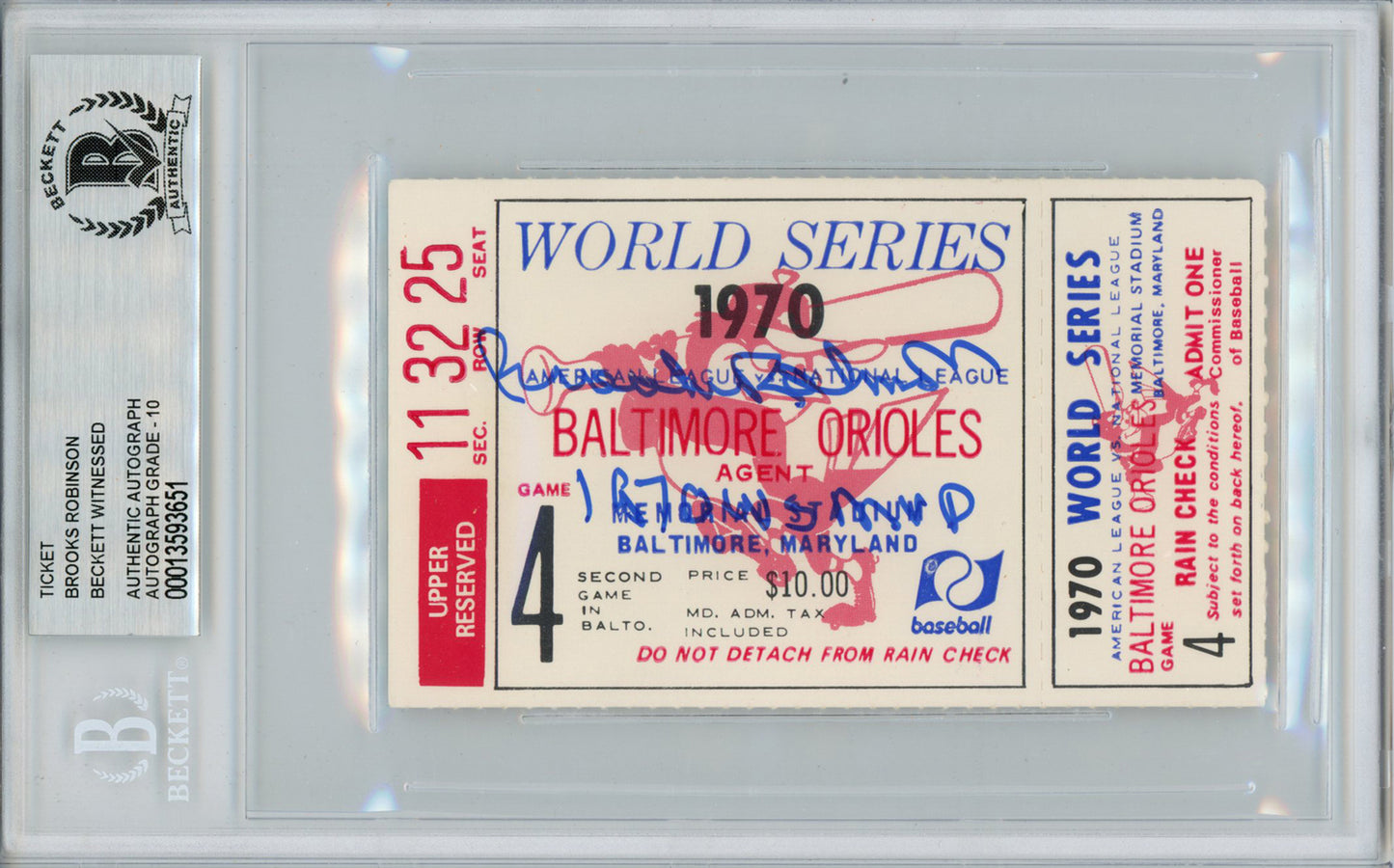 Brooks Robinson Signed 1970 World Series Game 4 Ticket Stub (BAS Slabbed)