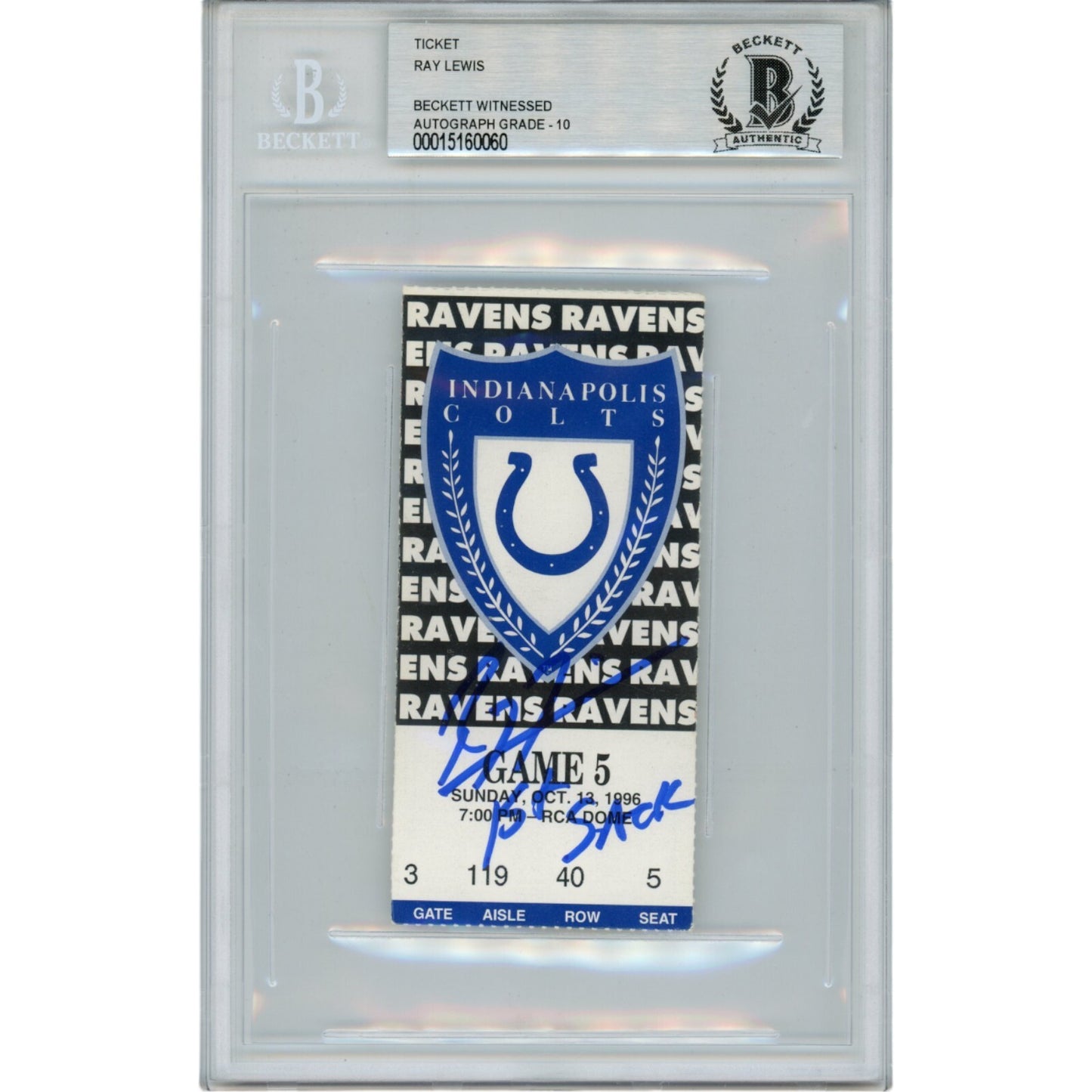 Ray Lewis Signed Baltimore Ravens 1st Sack Ticket Stub (BAS Slabbed)