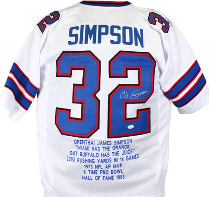 OJ Simpson Autographed Buffalo Bills White Custom STAT Jersey