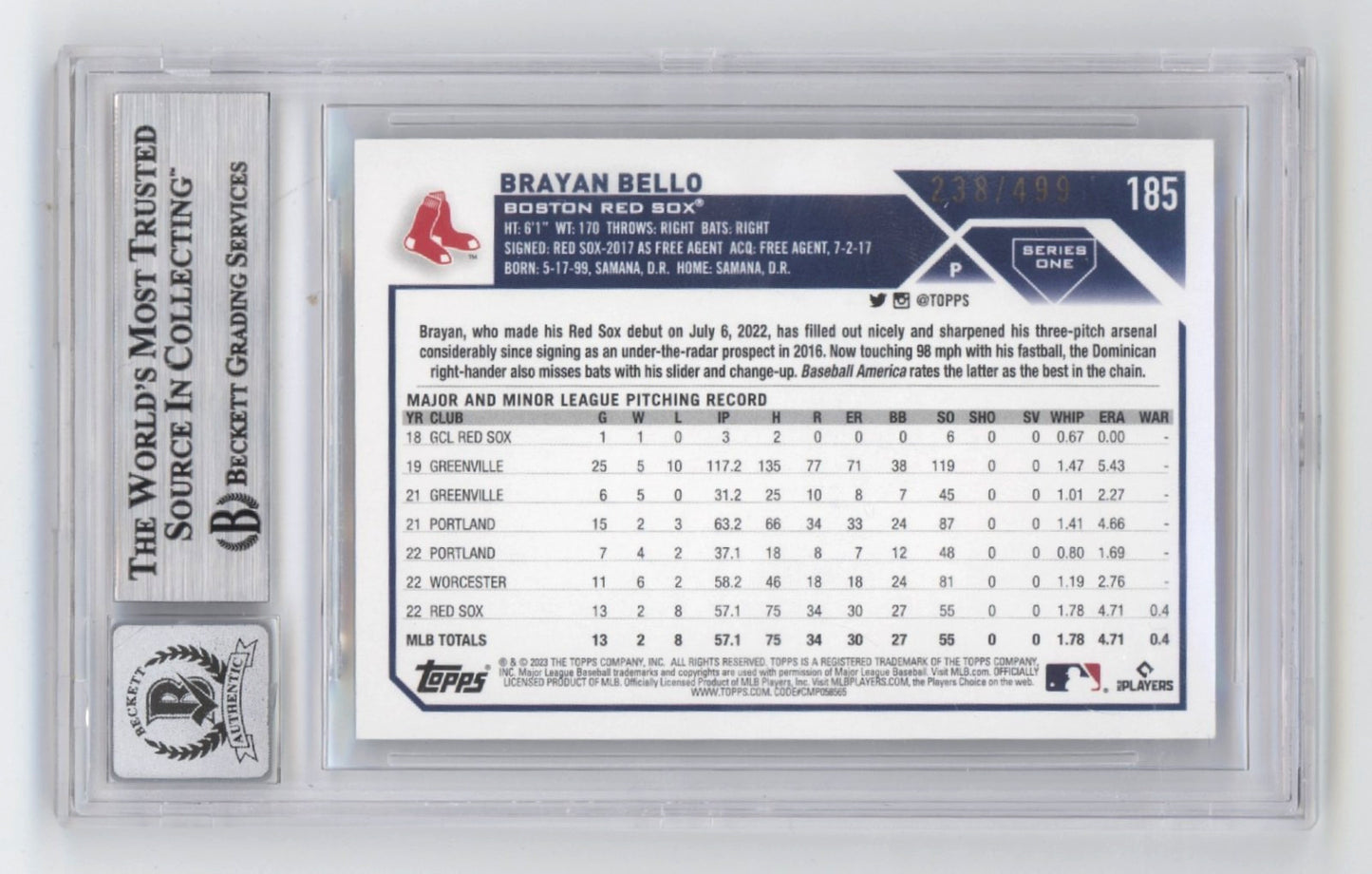 Brayan Bello Signed 2023 Topps Green Foil Rookie Card - BGS 10 Auto /499