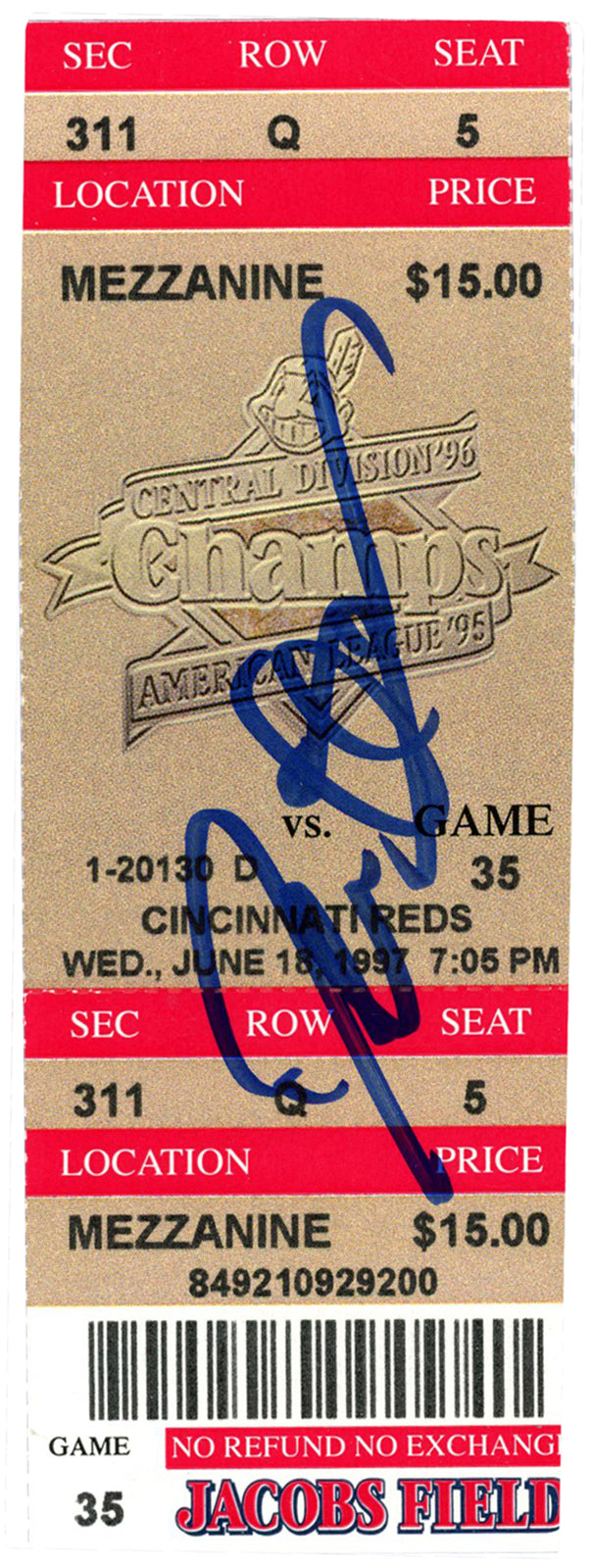 Deion Sanders Signed Cincinnati Reds Ticket Stub (June 18, 1997) BAS