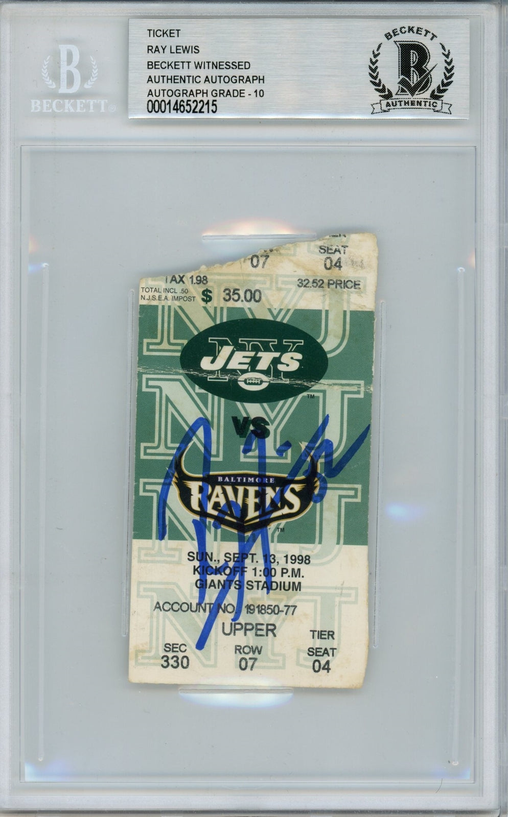Ray Lewis Signed Baltimore Ravens Ticket Stub 9/13/98 vs Jets BAS Slabbed
