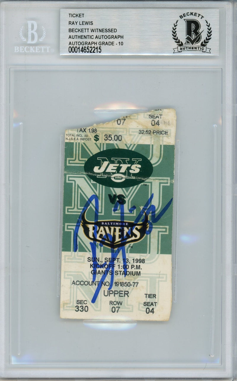 Ray Lewis Signed Baltimore Ravens Ticket Stub 9/13/98 vs Jets BAS Slabbed