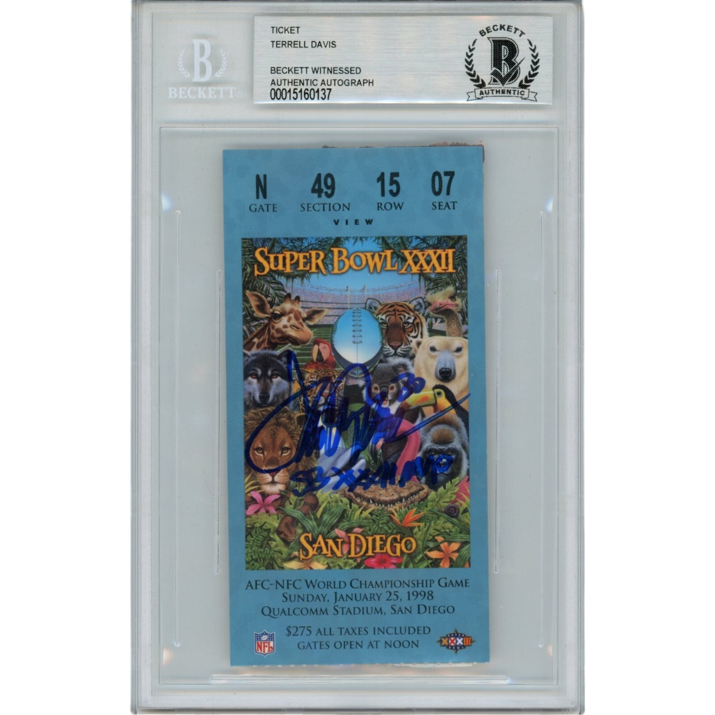 Terrell Davis Autographed Denver Broncos Super Bowl XXXII Slabbed Ticket