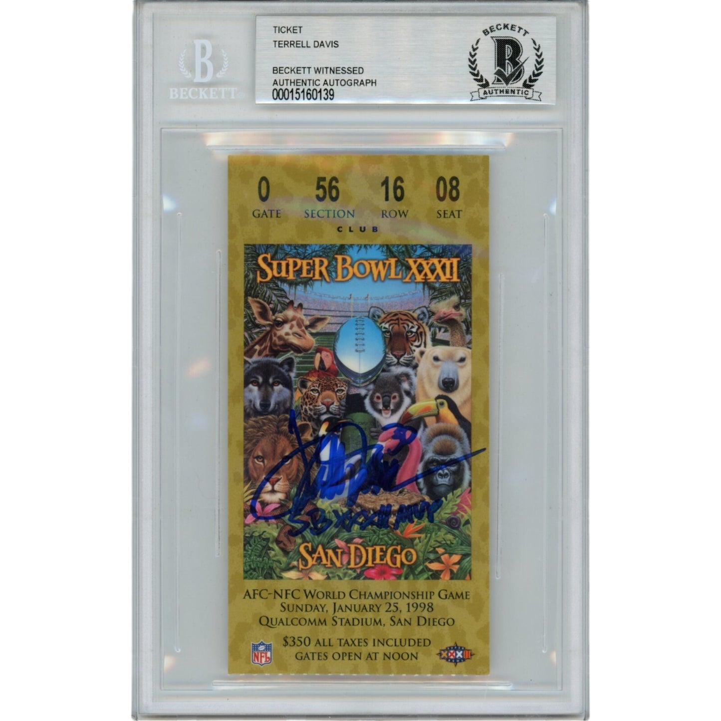 Terrell Davis Autographed Denver Broncos Super Bowl XXXII Ticket Stub BAS