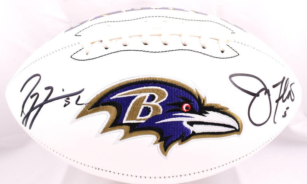 Joe Flacco & Ray Lewis Signed Baltimore Ravens Black Logo Football