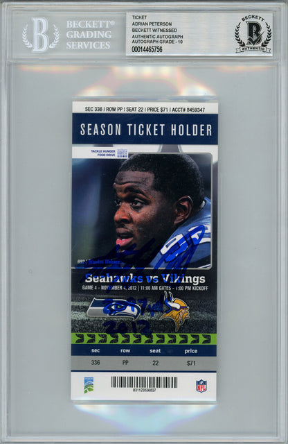 Adrian Peterson Autographed Ticket Stub 11/4/2012 "2097 Yds" Beckett Slab