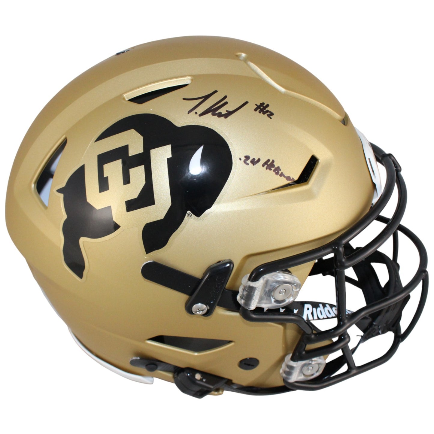 Travis Hunter Colorado Buffaloes Autographed Gold SpeedFlex Full Size Helmet